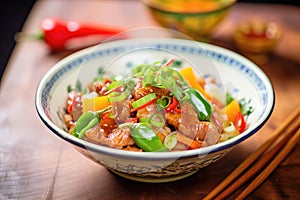 colorful sweet and sour pork with red and green peppers