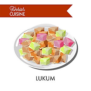 Colorful sweet Turkish lukum cubes on shiny plate photo