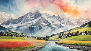 Colorful Switzerland Oil Painting Landscape Landscape Wallpaper Illustration Background Watercolor Ink