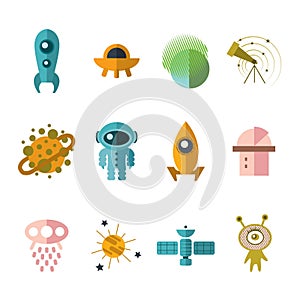 Colorful symbol of planet, rocket, flying saucer, ufo, alien, observatory, astronaut, satellite, telescope, constellation.