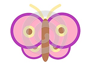 A colorful symbol shape of a violet pink butterfly with light yellow dark brown dots patterns white backdrop