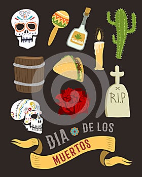 Colorful symbols for dia de los muertos day of the dead vector.