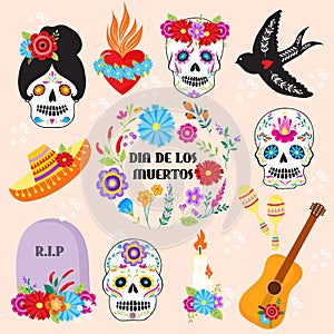 Colorful symbols Dia De Los muertos holiday day of the dead vector.