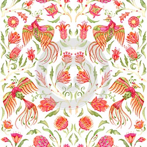 Colorful symmetric watercolor seamless pattern with exotic birds on white background. Fairytale folk hand painted illustration