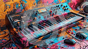 Colorful Synthesizer and Headphones on Vibrant Abstract Background