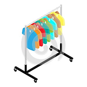 Colorful T-shirt on hanger on clothing wardrobe rack fashion store isometric view