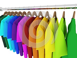 Colorful t-shirts with hangers isolated on white