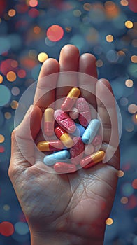 Colorful tablets and capsules in the hand on a blurry background.