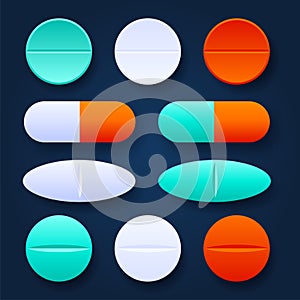 Colorful Tablets and pills realistic set. Pharmaceutical dosage forms, medical and healthcare concept. Vector 3D medical