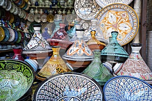 Colorful tagines sold in old town of Marrakech, Morocco