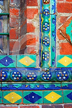 Colorful tiles. Old church facade in Yaroslavl, Russia.
