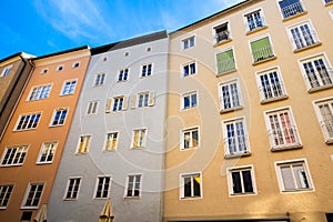 Colorful tall Bavarian style buildings in Landsberg city Germany