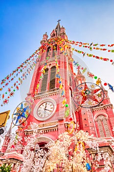 Colorful Tan Dinh Church or Church of the Sacred Heart of Jesus in Ho Chi Minh City