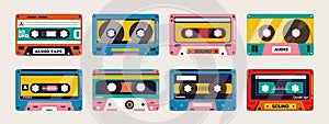 Colorful tape cassette. Vintage analog audio tape with magnetic label, retro 80s cassette with stereo sound. Vector collection