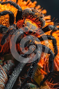 A striking orange tarantula rests on a textured log in a vibrant forest during daytime photo