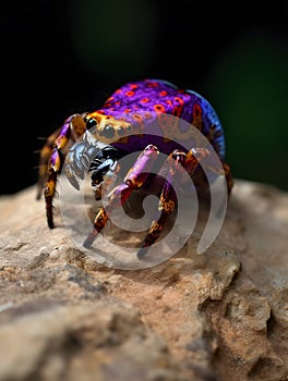 Colorful tarantula spider sitting on the branches of a tree macro photo Generative AI photo