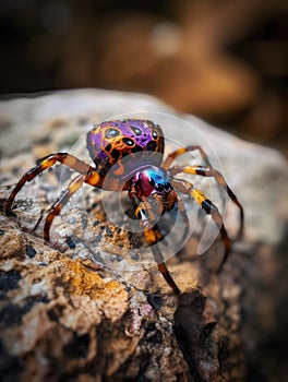 Colorful tarantula spider sitting on the branches of a tree macro photo Generative AI photo