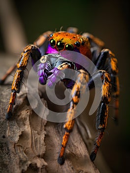 Colorful tarantula spider sitting on the branches of a tree macro photo Generative AI photo
