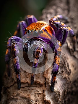 Colorful tarantula spider sitting on the branches of a tree macro photo Generative AI photo