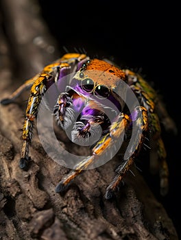 Colorful tarantula spider sitting on the branches of a tree macro photo Generative AI photo