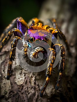 Colorful tarantula spider sitting on the branches of a tree macro photo Generative AI photo