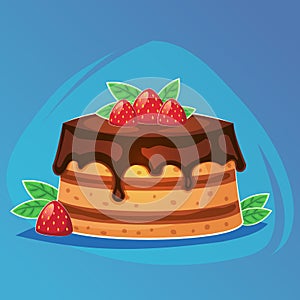 Colorful tasty cake bakery dessert with chocolate and strawberry sweet food game icon, cartoon food or web site design, mobile app