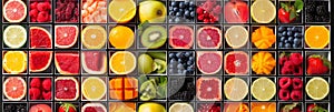 Colorful and tasty collection of fruits and vegetables in vertical line divided photo collage