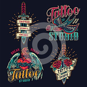 Colorful tattoo studio vintage logos