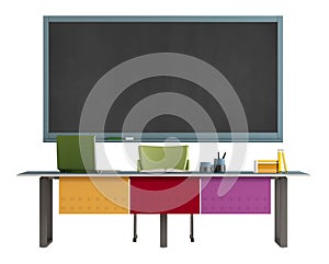 Colorful teacher\'s desk and blackboard isolated on white