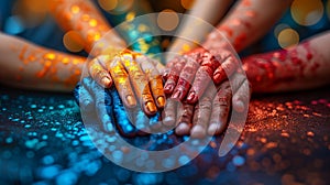 Colorful teamwork unity, hands paint, bokeh background. Collaboration, diversity, multiethnic group