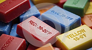 Colorful temperature indicator labels closeup