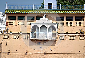 Colorful temple building on one of the 84 ghats of holy city Varanasi