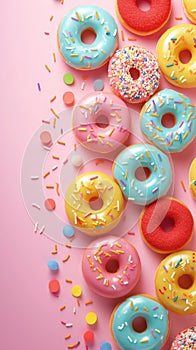 Colorful temptation donuts with sprinkles showcased in a top view