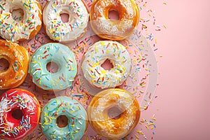 Colorful temptation donuts with sprinkles showcased in a top view