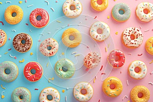 Colorful temptation donuts with sprinkles showcased in a top view