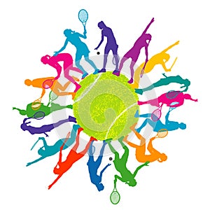 Colorful tennis concept with woman silhouettes playing tennis