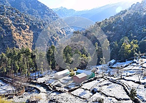 Colorful Tents Huts with Snow All Around on Ground, Trees & Mountains - Comping - Landscape in Winter in Himalayan Village, India