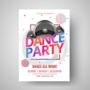 Colorful text dance party with illustration of woofer and abstract elements.