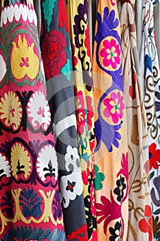 Colorful textiles sold at a street market