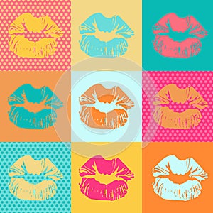 Colorful texture with kisses. Pop art lips