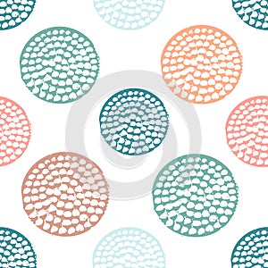 Colorful textured circle seamless pattern, blue, pink, orange, green round grunge polka dot