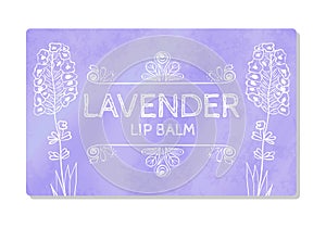 Colorful textured label, sticker for cosmetic products. The packaging design of the lipstick with the taste of lavender. Vector