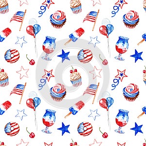 Colorful 4th of July holiday seamless pattern with watercolor red, white and blue balloons, sweets, desserts, american flag