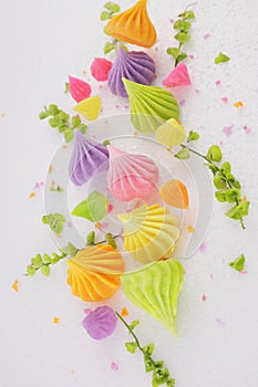 A colorful Thai dessert called Alua.Arranged with beautiful decorative flowers see eating page