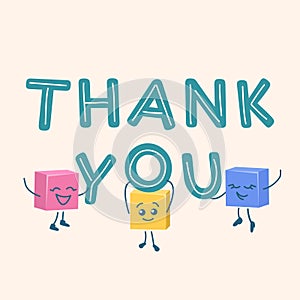 Colorful thank you in Cartoon style. Funny boxes full of gratitude. Cute funny faces. Cool lettering. Greeting card for banner,