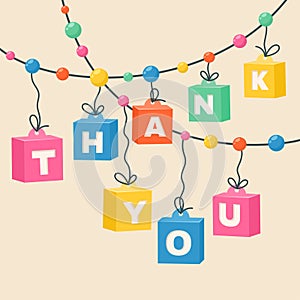 Colorful thank you in Cartoon style. Thank you lettering on boxes. Colored cubes, bubbles, lights. Cool lettering for greeting