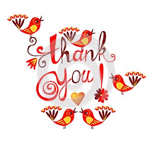 Colorful thank you hand lettering with cute birds and flowers.