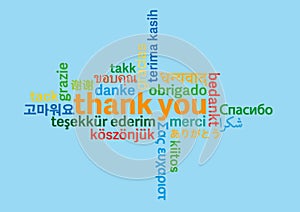 Colorful thank you word cloud in different languages on blue background