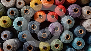 Colorful thread spools overhead view