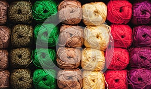 Colorful threads. Selection of colorful yarn wool on shopfront. Knitting background, a lot of balls. Knitting yarn for